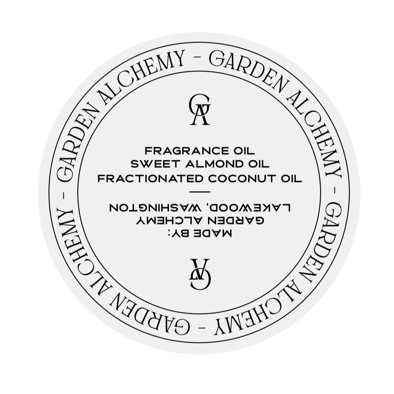 A round label for GARDEN ALCHEMY’s VANILLA VEIL PERFUME BODY OIL lists fragrance oil, sweet almond oil, and fractionated coconut oil—ideal for gourmand fragrance fans. Made by Garden Alchemy in Lakewood, Washington.