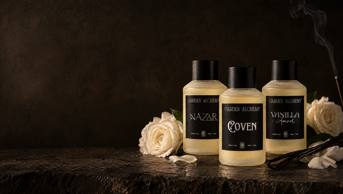 Garden Alchemy body oils by candlelight