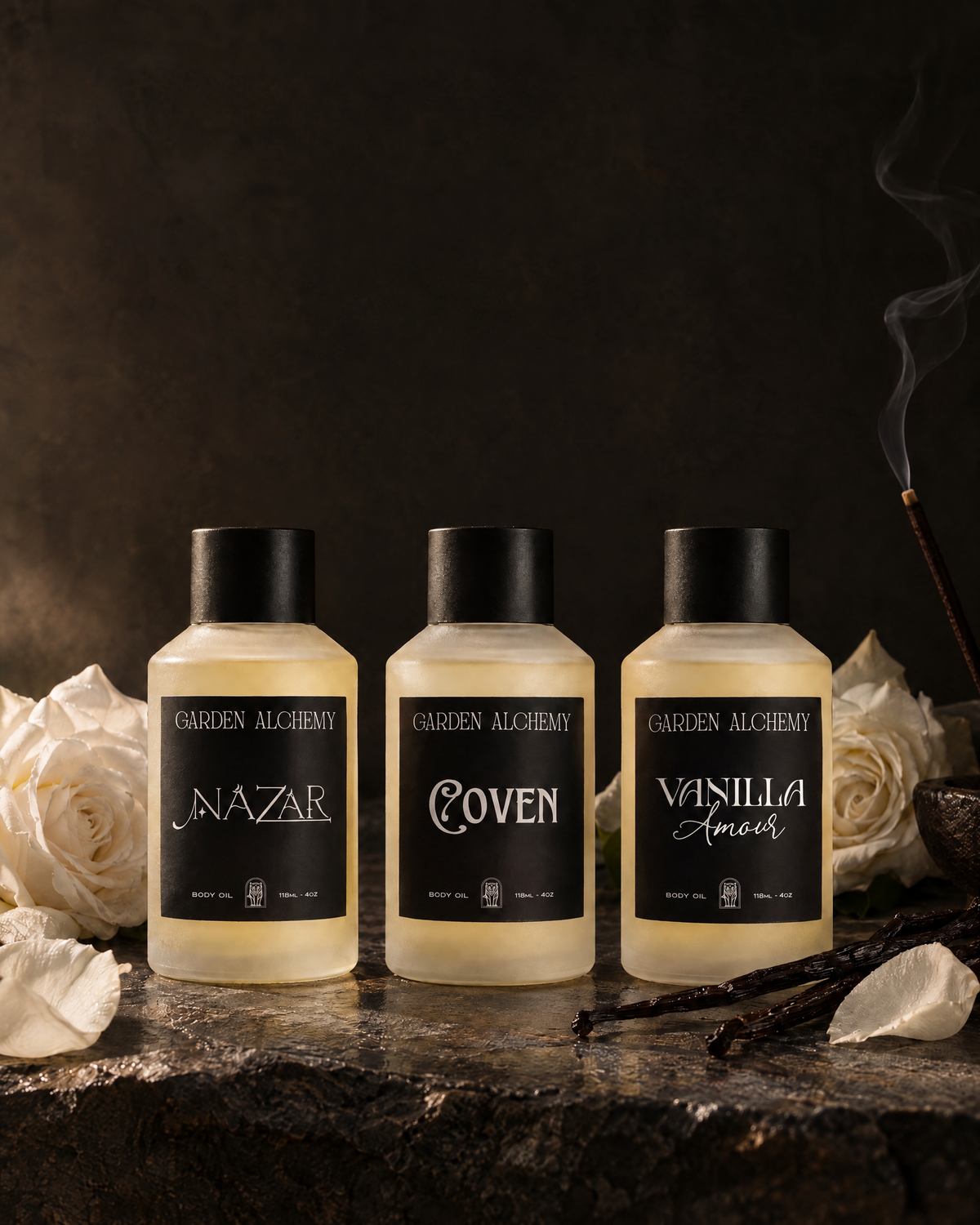 Garden Alchemy body oils by candlelight