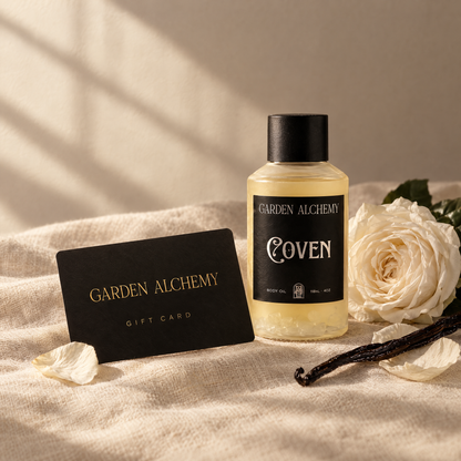 Garden Alchemy gift card with Coven body oil